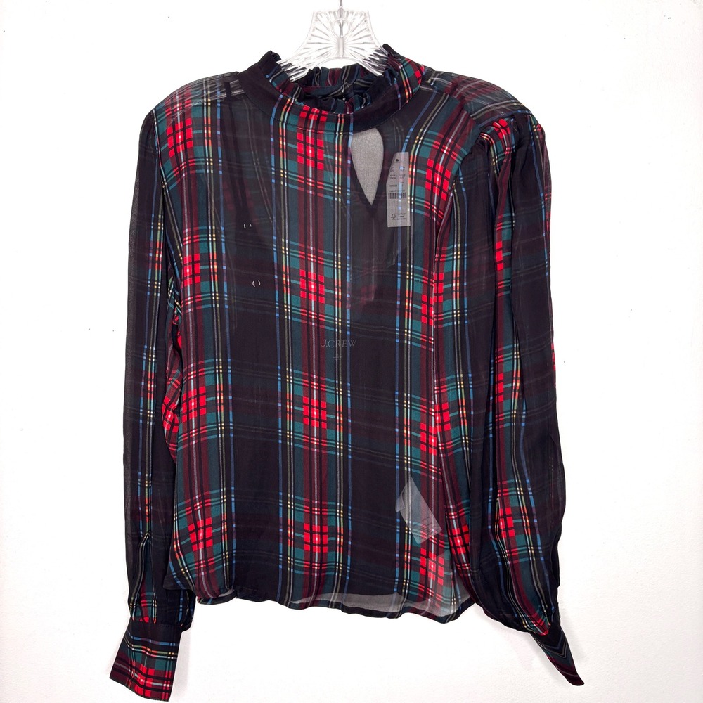 J.Crew Blouse Small Black Red Tartan Sheer Plaid Camisole Ruffle Neck Office